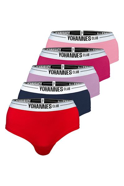 Yohannes Club Chiloți hipster pentru femei cu centură de cauciuc - set de 5, pudră, liliac, roz, roșu, bleumarin