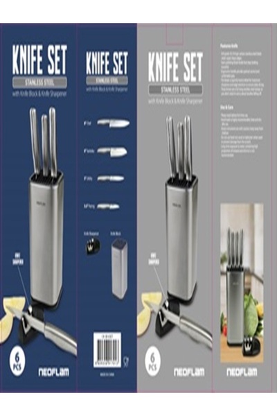 NEOFLAM ,Stainless Steel,knife Set,6Pcs,(4knives+stand including sharpener),Silver Color.
