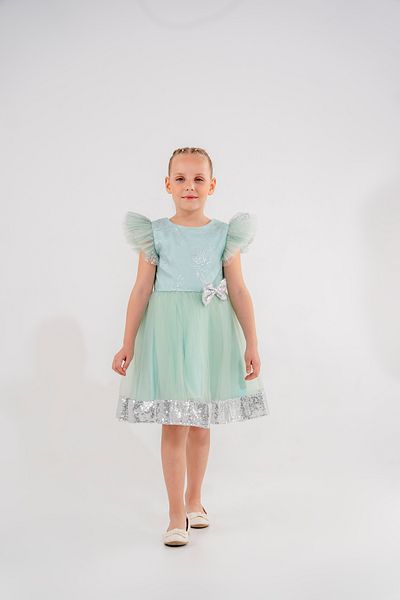 Eray Kids Вечерна рокля за момиче с набрани ръкави и блестящи пайети с панделка