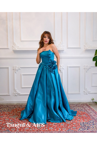 Tangül&Ali'S Moda Evi Çiçek Detaylı Turkuaz Straplez Uzun Elbise
