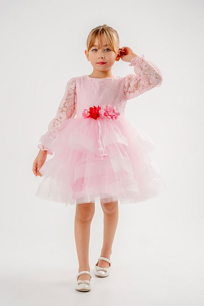 Eray Kids Girls' Evening Dress with Ruffled Lace Sleeves and Flower Detail