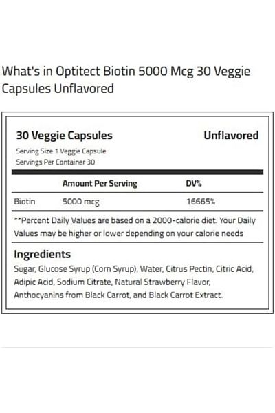 OptiTect Biotin 5000 Mcg, Unflavored, 30 Veggie Capsules