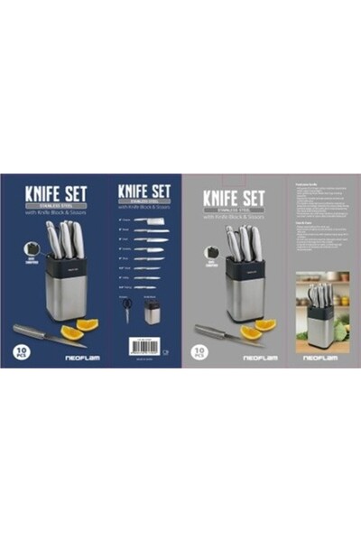 NEOFLAM ,Stainless Steel,knife Set10Pcs,(7knives+Cleaver+scissors +stand with sharpener)Silver Color