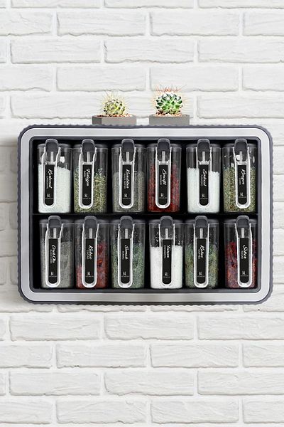Kitchen Life 12-Piece Self-Adhesive Spice Bowl Set with Lid and Spoon - Spice Bowl Stand with Handles