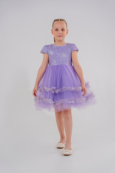 Eray Kids Kız Çocuk Abiye Elbise Gül Desenli Eteği Fırfırlı 4-7 Yaş