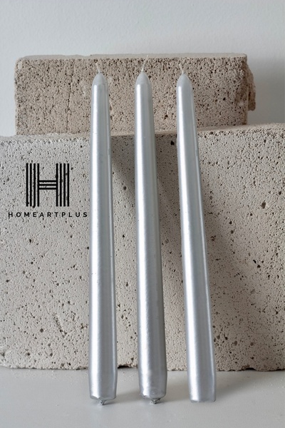 a&p Metalik renk Gümüş dekoratif Şamdan mum 3 adet (25x2.2cm)