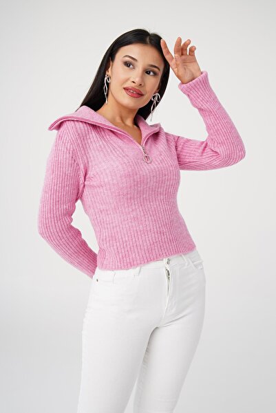 Hipo Trend Fermuar Detaylı Kısa Model Pembe Triko Kazak