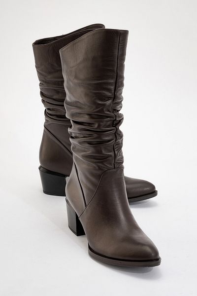 LuviShoes Γυναικείες κοντές μπότες με τακούνι SOULE Brown Skin από γνήσιο δέρμα