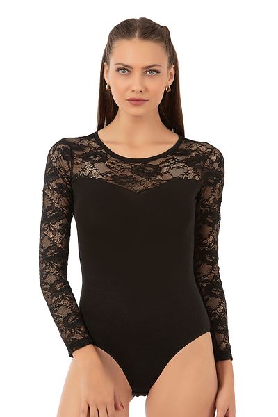 ÖZKAN underwear Özkan 22013 - Γυναικείο μακρυμάνικο κορμάκι από βαμβακερό και Lycra Lez Lace Bagel γιακά