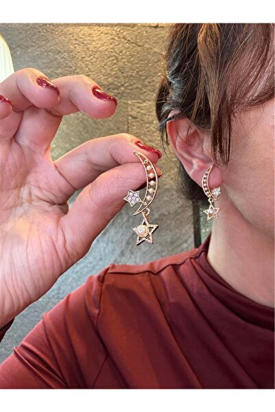 Pelin Aksesuar Gold İncili Ay Yıldızlı Küpe