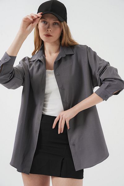 Bigdart Graues, einfarbiges, langes Basic-Hemd für Damen 3900