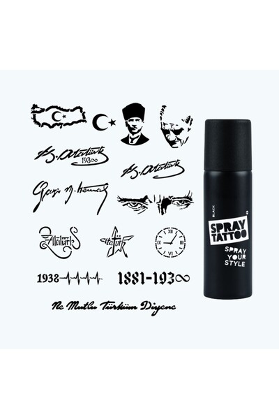 ONE SPRAY TATTOO 100. Yıl Temalı Dövme Şablon Seti + Siyah Sprey - Tattoo & S...