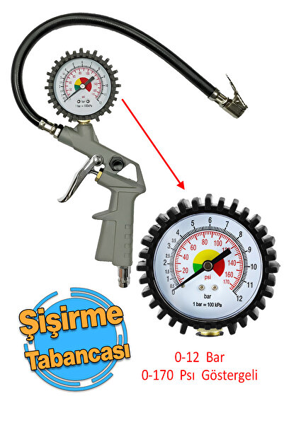 Badem10 Basınç Göstergeli Lastik Şişirme Tabancası Saatli Jak Hortum ve Sibop...