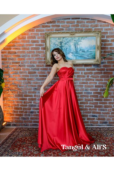 Tangül&Ali'S Moda Evi Red Maxi Dress with Draped and Embroidered