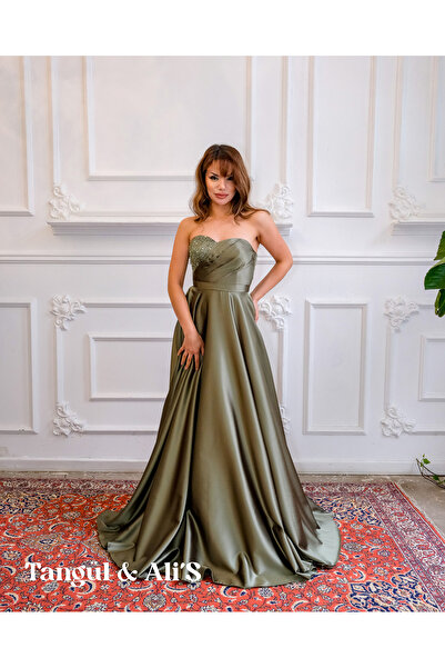 Tangül&Ali'S Moda Evi Drapeli Ve Işlemeli Haki Maxi Elbise