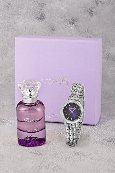 Polo Air Kadın Kol Saati Ve Parfüm Seti Hediyelik Kutsunda Kombin Gümüş Mor Renk ST-2128S6