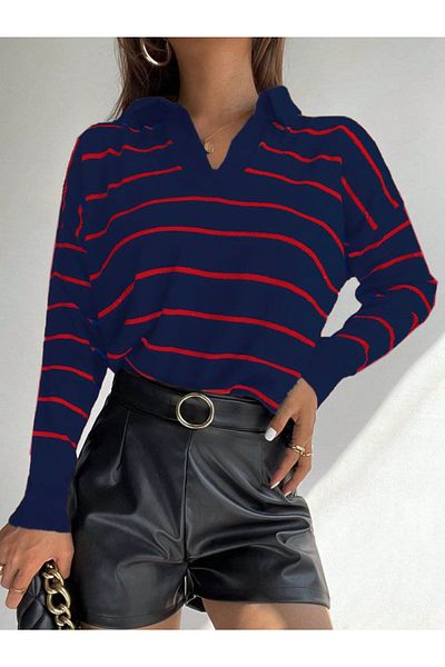 İpeksi Silky Women's Long Sleeve V Neck Striped Knitwear Blouse