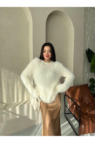 Laluvia Fusta din satin cu fermoar ascuns în lateral maro lapte cu talie elastică - 10378