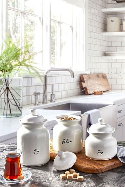 İLİVA Set of 3 White Tea, Salt, Sugar, Coffee Jar - Jar Storage Container Set Spice Rack