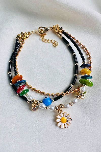PETEK AKSESUAR Multiple Daisy Butterfly Evil Eye Natural Stone Bracelet