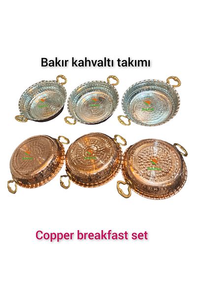 SAFİR Copper Breakfast Set Copper Breakfast Omelet Pan with Solid Brass Handles 6 Pieces Copper Snack Bowl