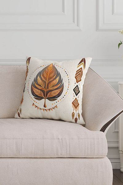 Sakallı Ethnic Bohemian Leaf Pattern Beige Backdrop Ψηφιακά τυπωμένο διακοσμητικό σετ 4 καλύμματα μαξιλαριού ριχτάρι