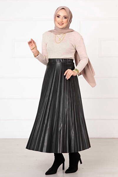 EBRUTESETTÜR تنورة جلدية مطوية بالكيلو باللون الأسود