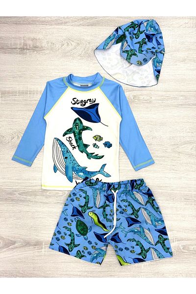 My Kids Wear Sun Protection Boned Character Patterned Swimsuit Suit with Swim Shorts