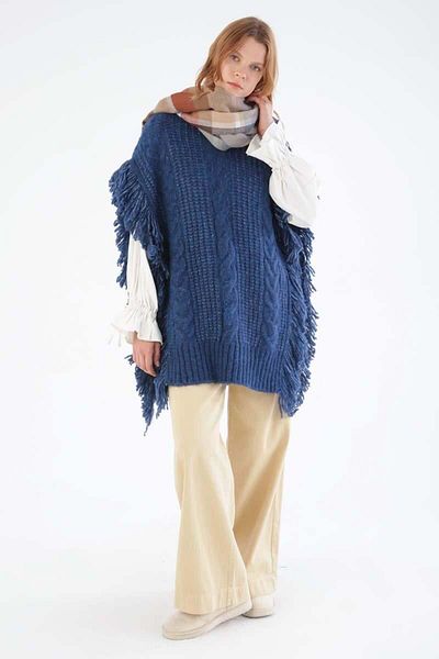 ALLDAY Navy Blue Fringed Knitwear Poncho