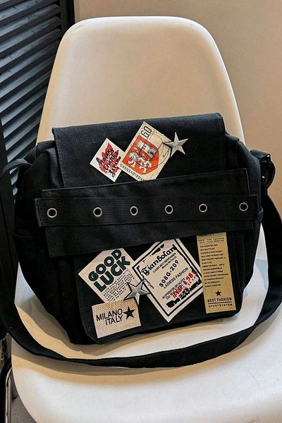 weywot Geantă neagră de umăr Good Luck Patch imprimată