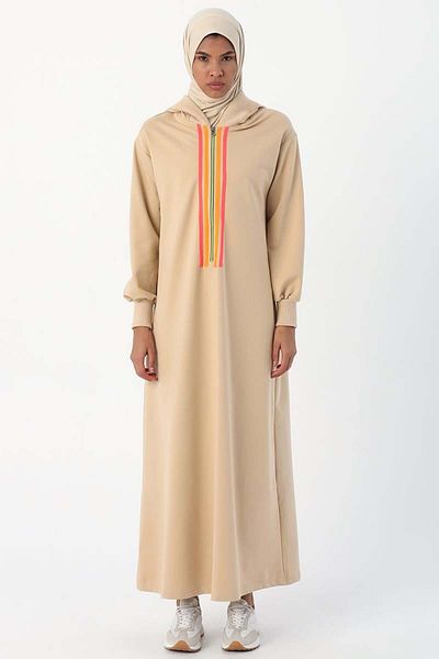 ALLDAY Beige01-Neon Stripe Detail Hooded Dress