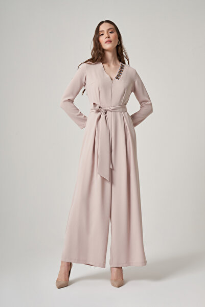 Mimya Bej İşleme Detaylı Krep Tulum 5716