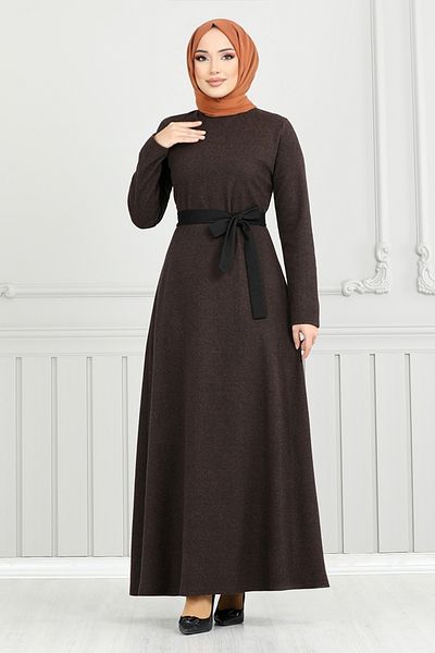 ModaMerve Рокля с шарка на рибена кост и колан - 22033ukb929-m Кафява