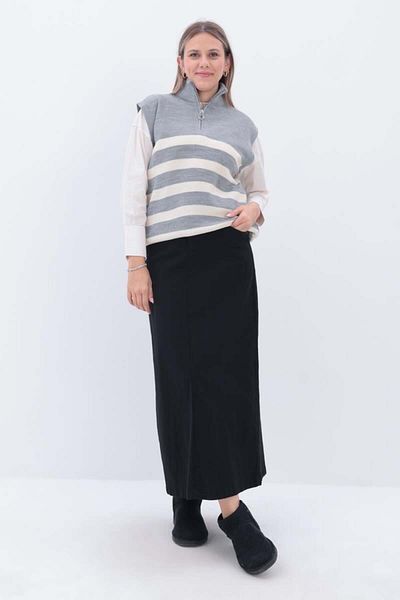 ALLDAY Light Grey-Ecru-Striped Zippered Knitwear Sweater