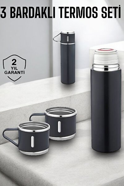Teknoşık طقم تيرموس ستانلس ستيل من تكنو شيك مكون من 3 قطع مفرغة من الهواء وحا...