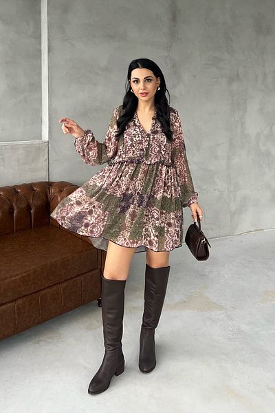 Seda Yalçın Atelier Khaki Floral Print Lined Chiffon Dress