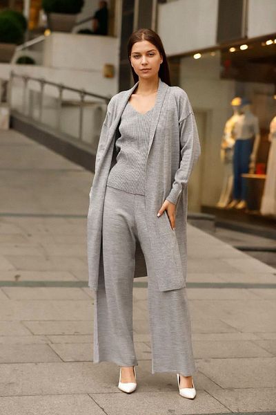 NY MODA Women's Gray V-Neck Pants Blouse Cardigan 3-Piece Knitwear Set