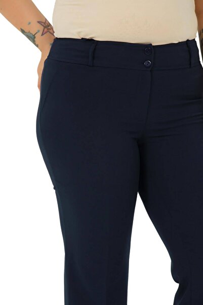 Hanezza Büyük Beden Kadın Lacivert Pantolon | Likralı | Pamuklu | Yüksek Bel | Boru Paça | Casual Iş