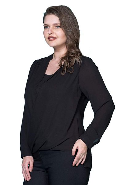 Hanezza Jesica Fabric Bluză Neagră cu Guler Dublu - Mânecă Lungă