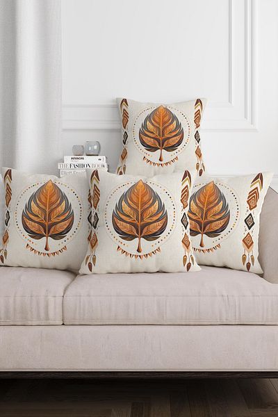 Sakallı Ethnic Bohemian Leaf Pattern Beige Backdrop Ψηφιακά τυπωμένο διακοσμητικό σετ 4 καλύμματα μαξιλαριού ριχτάρι