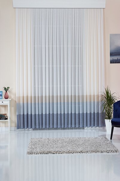 ELENOR 1/2,5 Orta Pileli Mavi Şeritli Yüksek Kaliteli Keten Görünümlü Çocuk Odası Tül Perde Melon