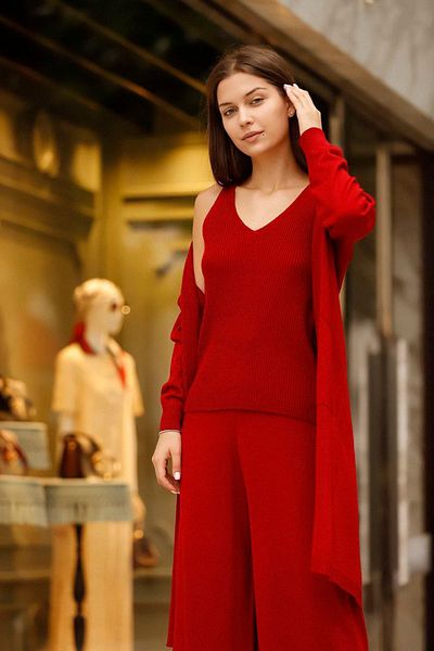 NY MODA WOMEN'S WIDE LEG PANTS V-NECK BLUZES CARDIGAN 3-PIECE KNITWEAR SHAPER SUIT SET