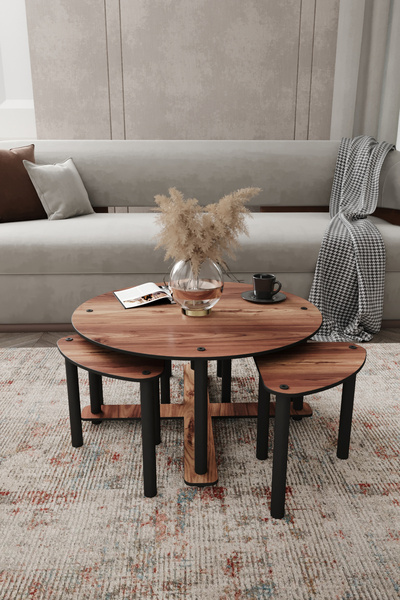 CNRWOOD Pizza Sehpa Yuvarlak Ceviz