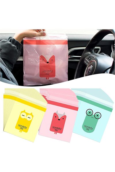 COOYA 45 Pcs Cartoon Car Garbage Bags, With Zipper, Leak-proof, 10x17.78x27.94 cm, For Car, Home