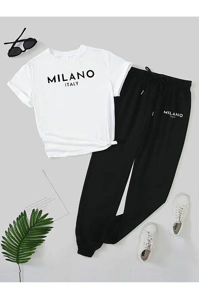 DAXİS Sportwear Company ΓΥΝΑΙΚΕΙΑ MILANO Σετ αθλητικών φόρμες με στάμπα - Σετ μπλουζάκι με χαλαρή εφαρμογή & Joggers Sweatpants Bottom Top