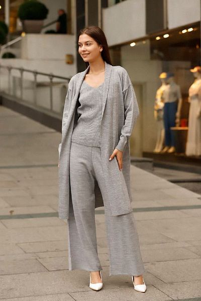 NY MODA Women's Gray V-Neck Pants Blouse Cardigan 3-Piece Knitwear Set