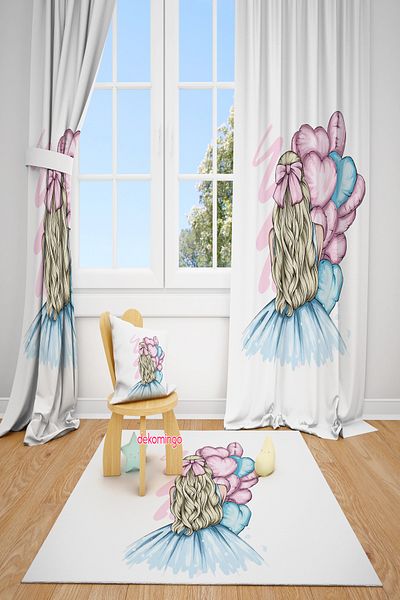 dekomingo Girl's 2 Wings Fon Curtain with Pink Balloon Back