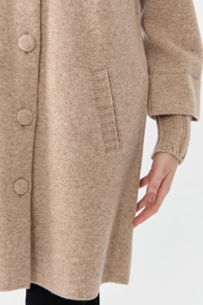 Desen Triko Beige Women's Long Wool Cardigan - Stand Collar