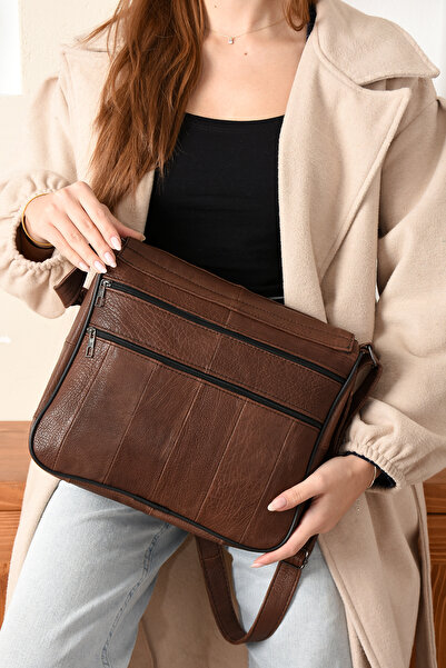 Erzeno Geantă de umăr și messenger pentru femei de mărime mare din piele naturală / geantă de mărime mare pentru femei din piele maronie