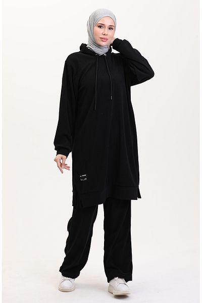 sefamerve Schwarzes Tunika- und Hosen-Set mit Kapuze – 0566-01